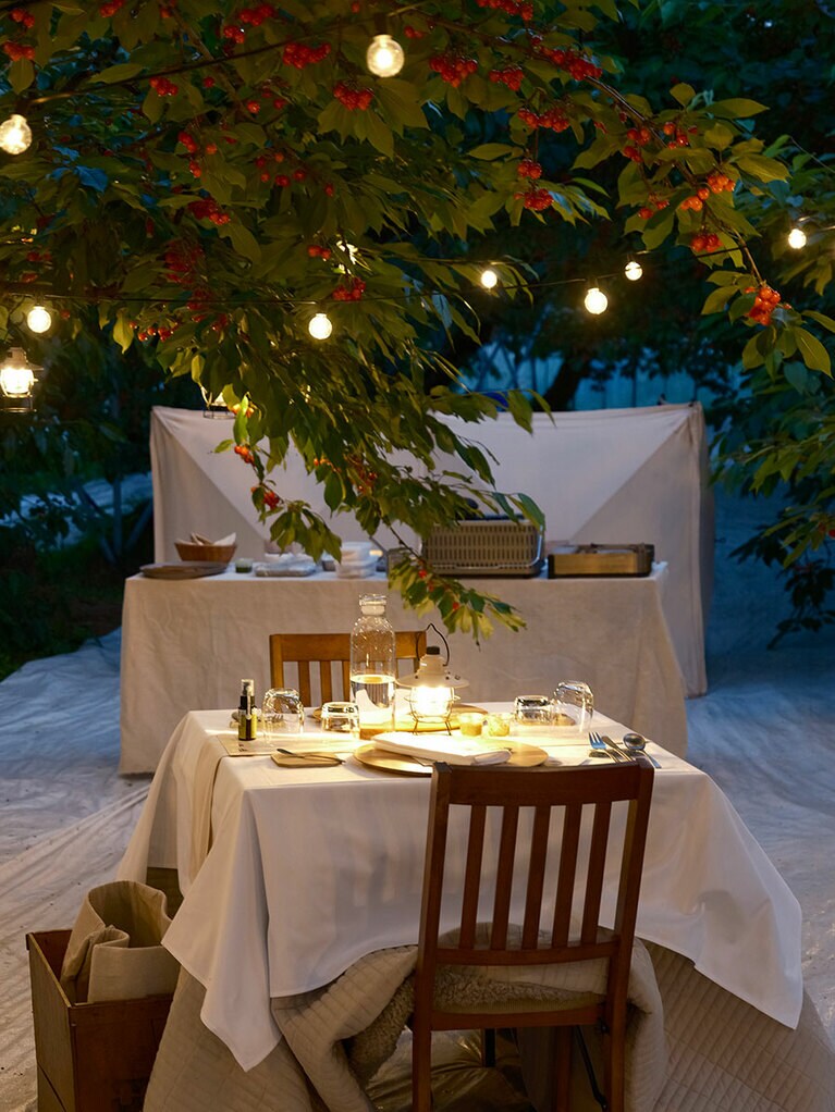 さくらんぼハウス内に食卓がセッティングされる。