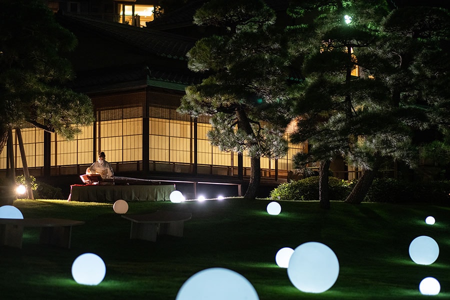 ライトアップした庭園「Moon Light -光の庭-」。お琴の演奏もある。
