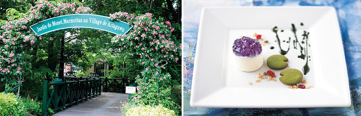 左：ギャラリーに向かうエントラスブリッジではバラのアーチがお出迎え。 右：2025年の開園25周年を記念して登場した「クリームチーズのムース～青い睡蓮～」600円。ムースには青い睡蓮をイメージしたバタフライピーのゼリーをトッピングし、抹茶で表現した睡蓮の葉など、モネの絵画の世界を皿というキャンバスに表現。