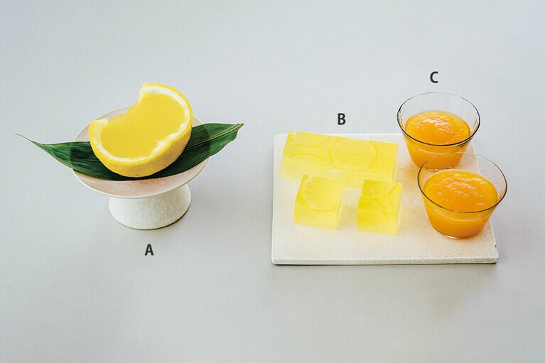 A：晩柑糖／老松、B：レースかん／大極殿本舗、C：八寿みかんジュレ／杉本果樹園