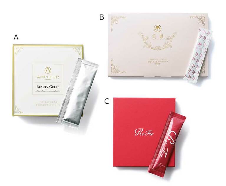 【うるおい：ゼリー】A：ビューティージュレ 10g×30本入 5,800円／アンプルール(限定発売中)、B：美巣エキスゼリースティックR 12g×30本 16,500円／エムスタイルジャパン、C：リファコラーゲン エンリッチ ゼリー 20g×14包 4,600円／MTG