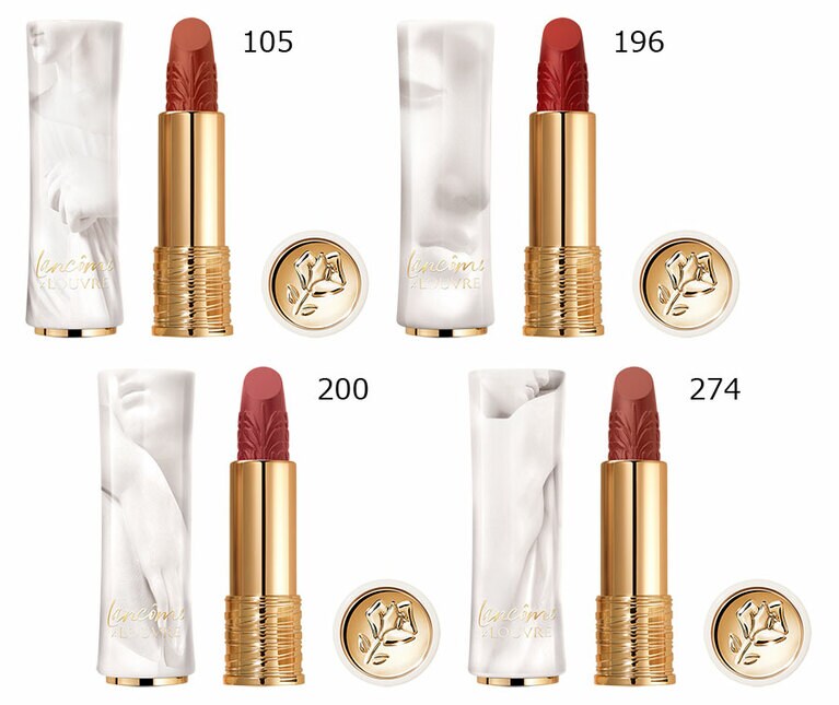 ラプソリュ ルージュ ドラママット ルーヴル限定パッケージ 各5,830円。左上から：105、196、200、274。10月13日（金）数量限定発売。