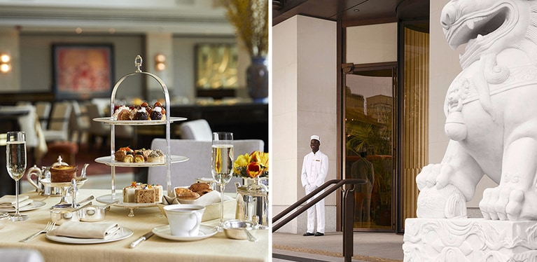 〈左〉ザ・ペニンシュラホテルズを象徴するおもてなし、伝統の「ザ・ペニンシュラアフタヌーンティー」（写真はザ・ペニンシュライスタンブール）。〈右〉エントランスでは、ペニンシュラを象徴する白い制服を着たスタッフ「ページ」がゲストを歓迎（写真は、ザ・ペニンシュラロンドン）。