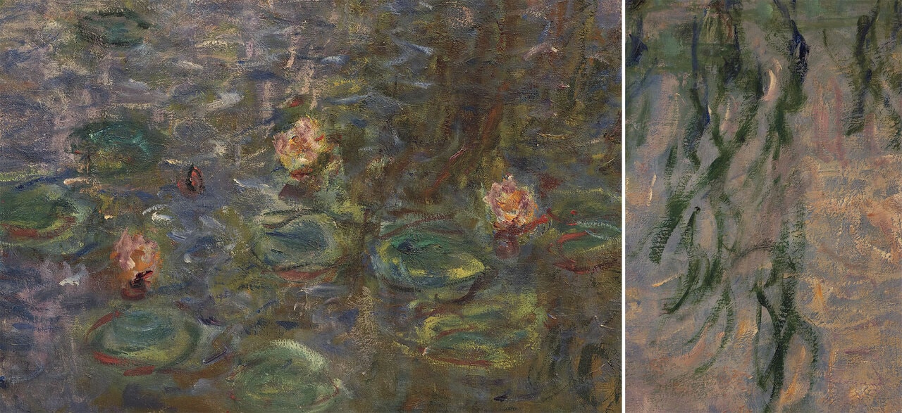 《睡蓮》の大装飾画構想にモネが本腰を入れたのが1914年。そのための巨大なアトリエがジヴェルニーに設けられた。柳、睡蓮の花、水鏡……。それらはモネ自身の言葉を借りれば、「果てしない全体、水平線も岸辺もない波の幻影」。視覚障害に苛まれながら制作を続けた画家の筆致が100年後の今も生々しいほどに浮かび上がってくる。