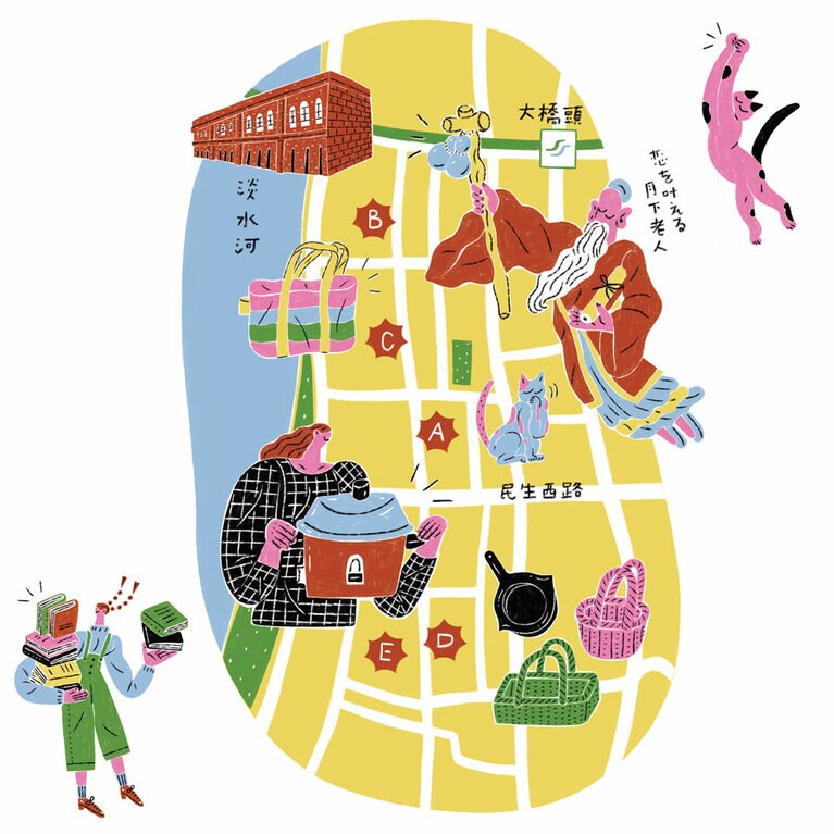 A：郭怡美書店（グォーイーメイシューディエン） 
B：永興農具工廠（ヨンシンノンジューゴンチャン） 
C：Take Five  五方食藏 大稻埕店（テイクファイブ ウーファンシーツァン ダーダオチェンディエン） 
D：LOKOSOKO POP SHOP（ロコソコ ポップ ショップ） 
E：你好我好（ニ一ハオウォハオ）