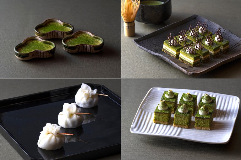 ブッフェのスイーツより、左上から時計回りに「抹茶ティラミス」「抹茶オペラケーキ」「抹茶チーズケーキ」「抹茶求肥クレープ 」。