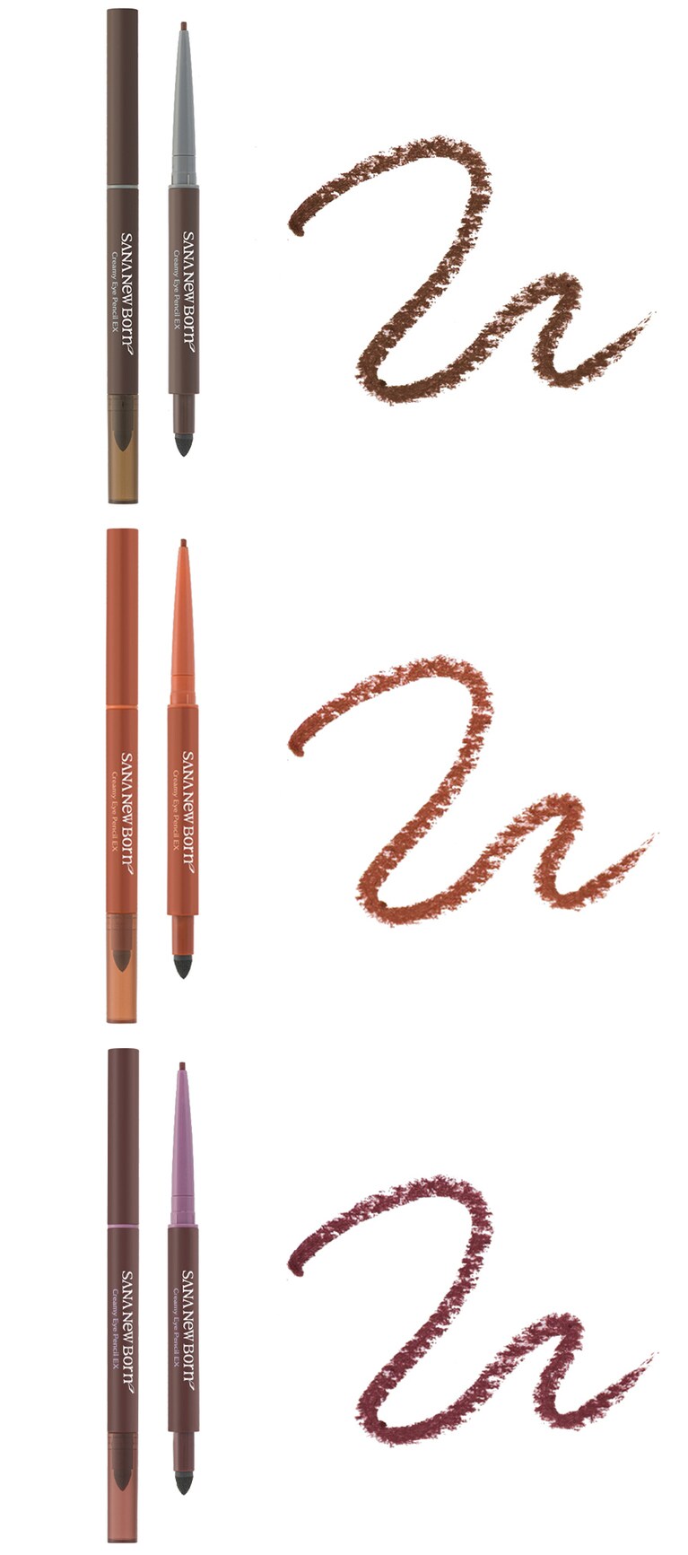 しっとりなめらかでラインが描きやすく、ウォータープルーフ処方、こすれに強いスマッジプルーフ処方のアイライナー。ヒアルロン酸Na、カミツレ花エキス、センブリエキスと、目元をケアする美容成分も配合されている。サナ ニューボーン クリーミーアイペンシルEX 上から、01ダークブラウン、02テラコッタブラウン、03カシスブラウン 各1,100円／常盤薬品工業