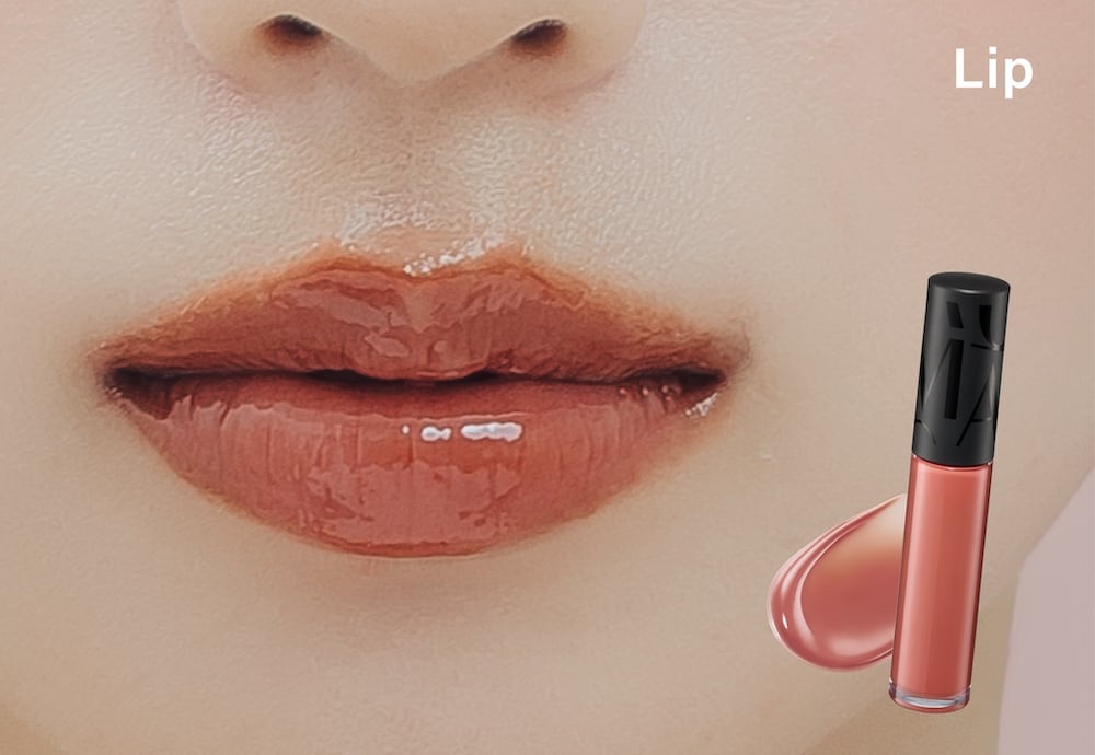 ピンクグラデのフレームに合うリップ。〈コスメ使用アイテム〉マキアージュ リップグロウボム OR315 あんずボム 3,080円（編集部調べ）／マキアージュ