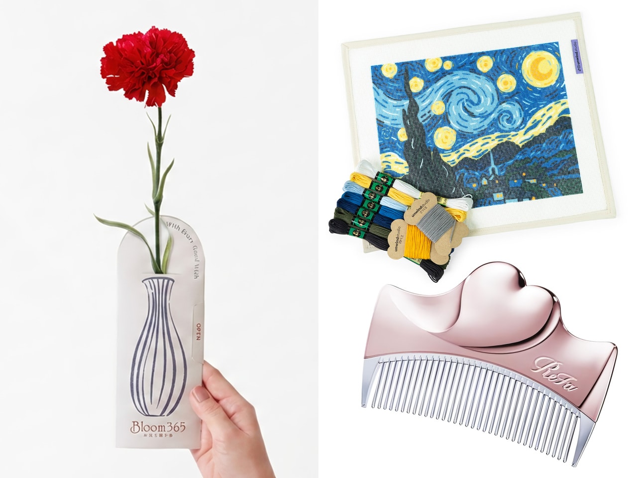 写真左：Bloom365 カーネーションレッド／大和、右上：ニードルポイント キット／DIY Starry Night、右下：ReFa（リファ）ハートコーム アイラ WITH ローズゴールド／ MTG