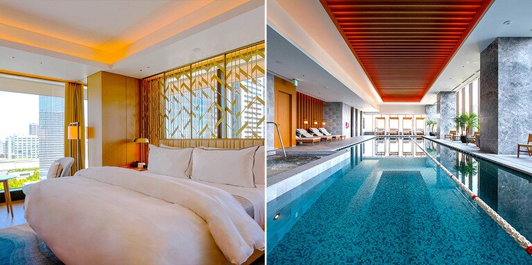 〈左〉ヘブンリーベッドでぐっすり。〈右〉翌朝はプールで泳いで気分すっきり。