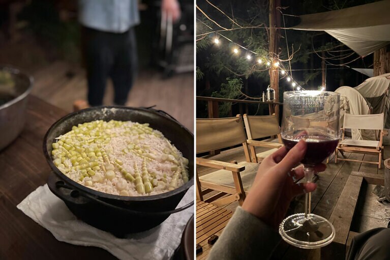 左) 旬の根曲り茸がたっぷり入った炊き込みごはんは至高の味。右) 焚き火を囲んでワインを。