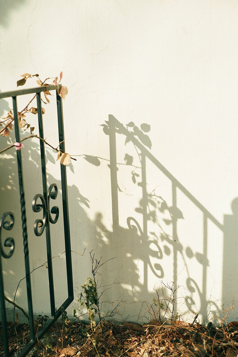 アプローチに射す西日が美しい。春～秋にはテラス席で過ごしたい。