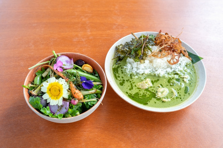烏山椒の野草カレー。ココナッツに近い風味の烏山椒のほか、発酵蓮根、レモングラス、ゆずなどを素材に。
