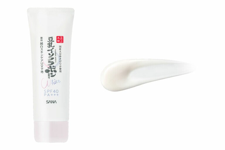 美白ライン独自の豆乳発酵液、美白有効成分のアルブチン、肌荒れ防止成分を配合。肌荒れを防ぎながら透明感をアップする下地。３つの中で最も明るさを感じる仕上がりに。サナ　なめらか本舗　薬用美白スキンケアUV下地(医薬部外品) 50g 1,100円／常盤薬品工業