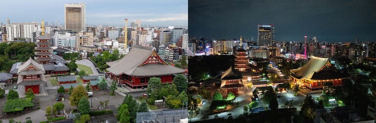 ルーフトップから見た浅草寺。朝と夜でだいぶ雰囲気が変わります。