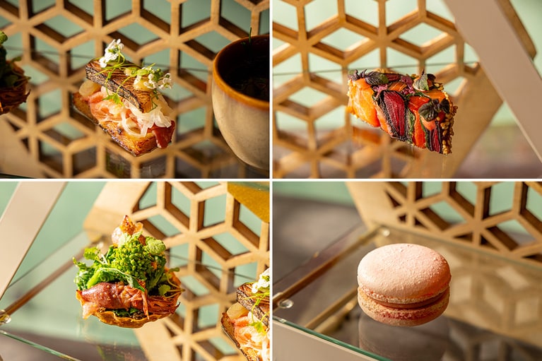 セイボリーを中心としたメニュー例。左上より時計回りに「鰆のスモークのカナッペ」「タスマニアサーモンのモザイクテリーヌ」、「桜のマカロン」、「スモークホタルイカと菜の花のタルト」。