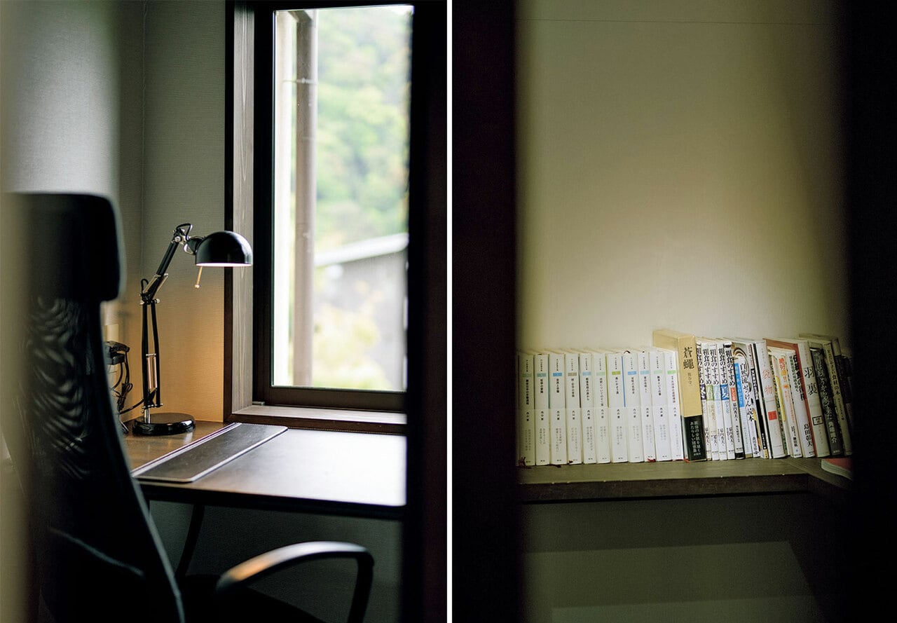 左：和洋室ツインの「個室書斎」。静かに書き物をしたり、パソコンで仕事をしたり、思い思いに過ごせる。右：読書室には健康や食をテーマにした書物が用意されているので、ゆっくり読書をするのもおすすめ。