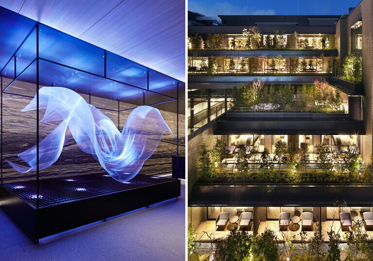 左：フロントのそばに展示されたデザインスタジオWOWの作品「wind_form」。 
右：館内には庭園付きスイートなど多彩な客室が。