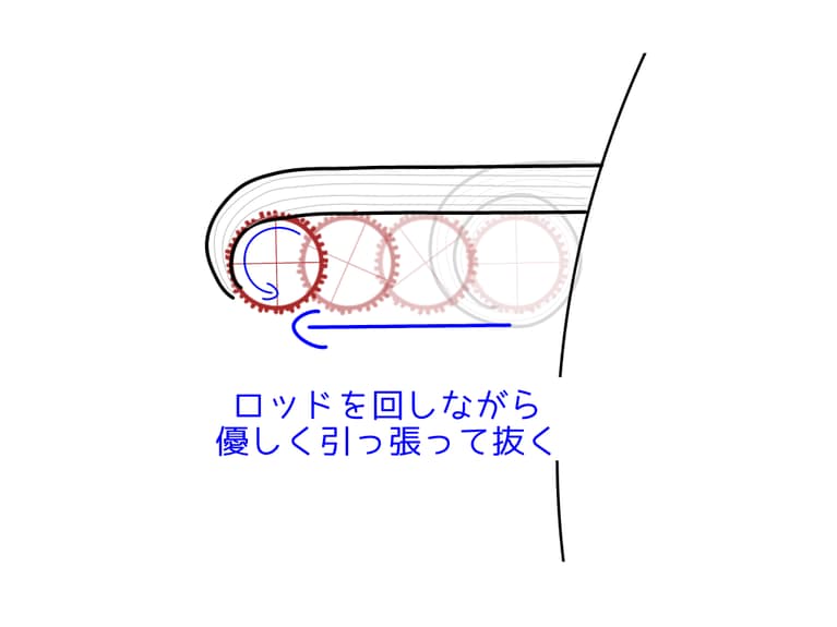ロッドを回しながら、優しく毛先のほうへ引っ張るようにして抜く。「巻いた時と同じ方向」にロッドを回すことがポイント