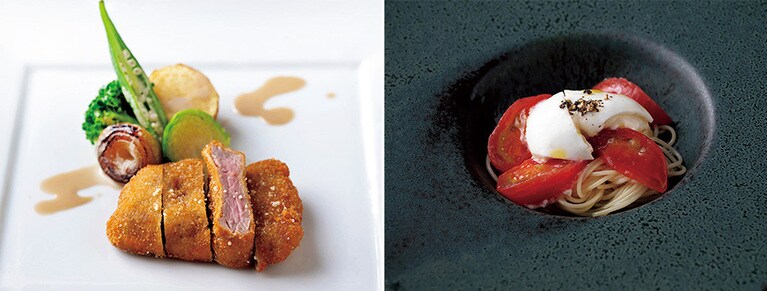 鈴木シェフによるディナーより。“ミラノ風仔牛のカツレツ”“フルーツトマトとブッラータチーズの冷製カッペリーニ”。