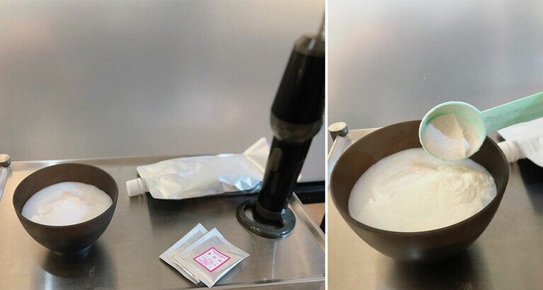 カラー剤（左写真）にトリートメント用アイテムを入れていきます。まずはコラーゲンを投入（右写真）。    