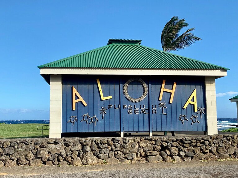 インスタ映えする“ALOHA”をバックに写真を。