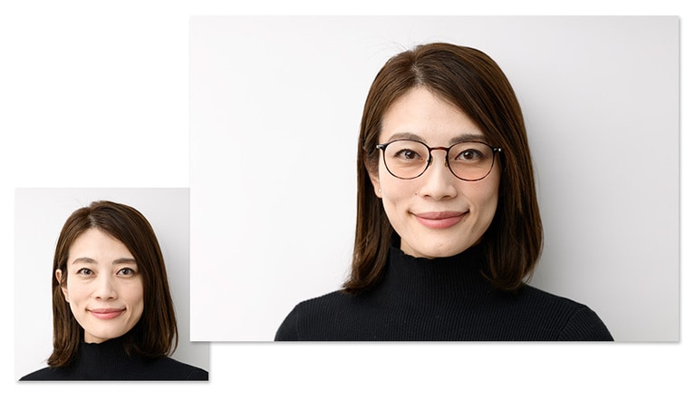 左は着用前。右はJINS「UUF-25S-201」＋チークカラーレンズ着用。中顔面が短縮されている。