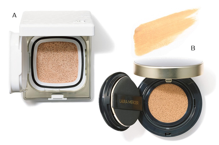 C：カバー力と素肌感を見事に両立。環境ストレスから肌を守る効果も。フローレス ルミエール ラディアンス パーフェクティング クッション SPF50・PA+++ 全5色 5,800円／ローラ メルシエ ジャパン D：リッチなエマルジョンがスキンケア直後のツヤと透明感をかなえる。AQ スキン フォルミング クッションファンデーション SPF35・PA +++ 全5色 10,000円／コスメデコルテ(2020/3/16発売)