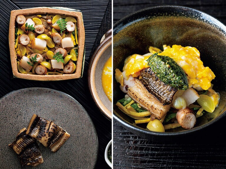 「Nipponキュイジーヌ～美食の集い～」（33,880円）秋限定メニューより。岡山：貝出汁で炊いた米に炭火焼きの蛸を合わせて。（右）2杯目は煮穴子と卵あんで。