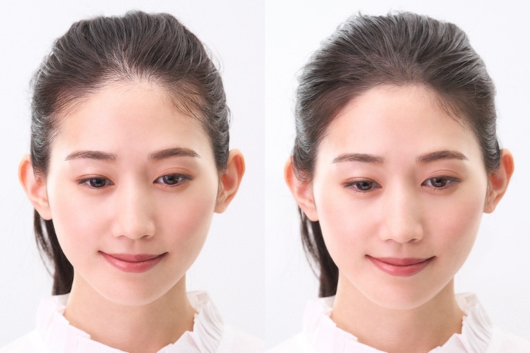 使用イメージ。左が塗る前、右が塗った後。キュッと小顔に。