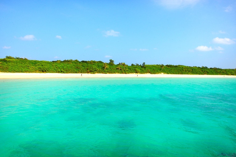 青く輝く海に感激する渡口の浜。