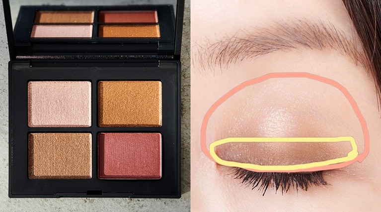 まずは左上の白っぽい色「ペールゴールド」をアイホール全体に塗り、ブラシでしっかりなじませた後、左下のゴールドっぽい「アンティークブロンズ」を二重幅に入れる。  