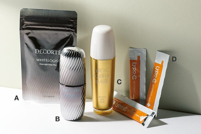 A：ブドウ種子ポリフェノール、ビタミンC、ビタミンEなどを配合。高い抗酸化力で透明感のある肌に。ホワイトロジスト オーバーナイト インナー プラス 120粒 7,500円／コスメデコルテ、B：美白有効成分コウジ酸が、頑固なシミやシミ生成細胞のメラノサイトにも働きかける。ホワイトロジスト ブライト コンセントレイト ［医薬部外品］40mL 15,000円／コスメデコルテ、C：リポソーム技術を活用し、有効成分を効率よく肌に届けるエイジング美容液。ハリと透明感に満ちた肌に。リポCプーラボーテ リヴァイタライズディープセラム 40g 17,000円／スピック、D：経口での吸収は難しいとされていたビタミンCをリポソーム化したことで、体内利用率がほぼ100％の高い吸収率を実現。リポカプセルビタミンC 30包 7,200円／スピック