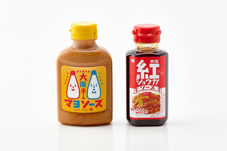 大阪紅ショウガソース 250円(180ml)、大阪マヨソース 450円(205ml)／アイデアパッケージ