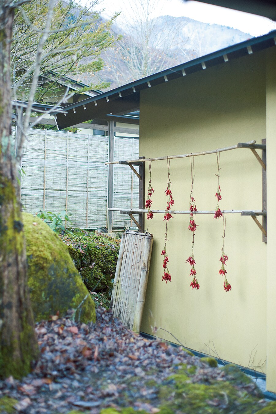 【いろりの宿 かつら木の郷】軒先に唐辛子が干された素朴な光景も。Photo: Masahiro Sanbe