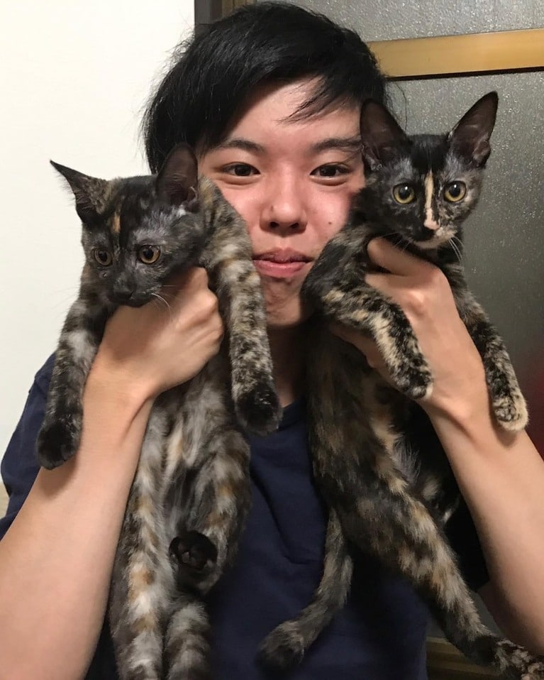 華山・やすいさんと愛猫のテンちゃん、センちゃん。