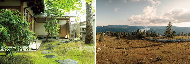 柏屋の中庭（左）とブランパンの故郷ル・ブラッシュ（右）。美しい自然を守るため、両者は海洋保全に自ら参画する努力も行っている。