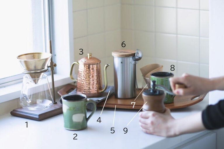 1･7：ブリュワースタンドセット H25×W16.5×D13cm 16,500円／キント(アクタス) 
2･8：シープマグカップ 各13,200円／テンダー×ザ･テイストメイカーズ アンド コー(ザ･テイストメイカーズ アンド コー) 
3：Cuケトル 600mL 11,550円／カリタ 
4：キッチンタオル H60×W40cm 1,980円／ザ･テイストメイカーズ アンド コー 
5：ツバメキャニスター 直径8.5×H16cm 3,960円／グローカルスタンダードプロダクツ(シボネ) 
6：サービングトレー H2×W52×D25cm 26,400円／プレイマウンテン 
9：コーヒーミル H17.5×W7×D17cm 4,950円／カリタ 