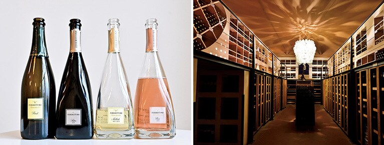左：四角錐の洒落たボトルが印象的なフェルゲッティーナ。
右：深みを感じさせる奥行きある貯蔵庫。
