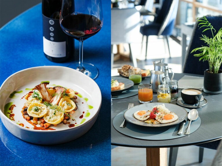 左：メインダイニング「サッソルンゴ」の“豚の頰肉のラビオリ” 25€。 右：地元の食材を使った朝食で一日をスタート。スプマンテもサーブされる。