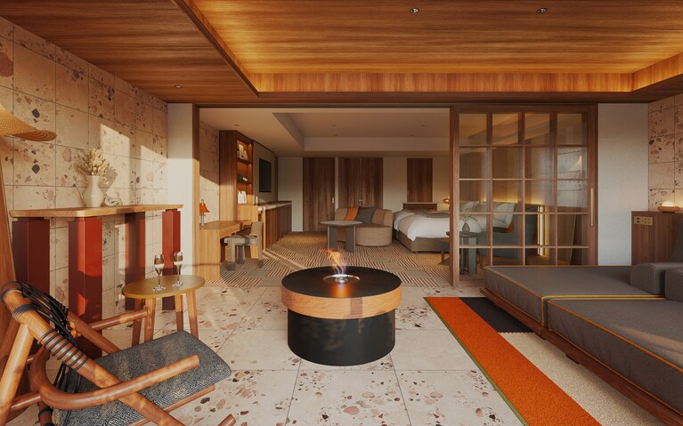 【ラグジュアリーツインルーム】平米数：72～78㎡／定員数：5名／全36室／1室：41,000円～（税込／サービス料別）。　※宿泊料金はシーズンにより異なります。最新の価格は予約画面でご確認ください