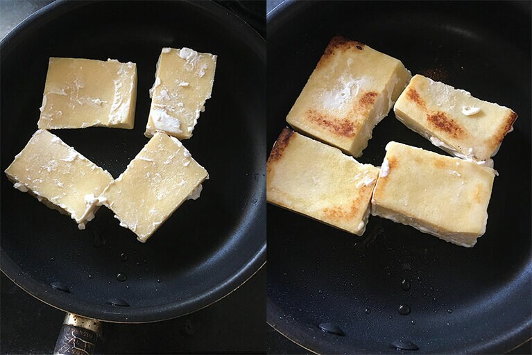 オリーブオイルで焼く。わかりやすくするため、ヨーグルトを残してみましたが、しっかり取り除いてもOK。