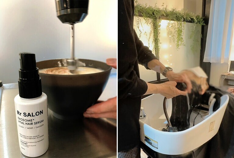 丁寧に塗布して洗い流します。なお、シャンプー台を椅子の後ろに持ってきてもらえるのでラクです！