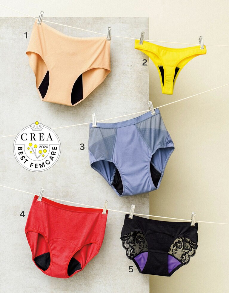 1：エアリズム吸水サニタリーショーツ 11 PINK 1,990円（編集部調べ）／ユニクロ 
2：オーガニックコットン吸水型ショーツ タンガ ミモザ 4,290円／ホガラ 
3：エアライト ショーツ ダスティブルー 4,950円／フェルマータ 
4：Brief（オーガニックコットン吸水ショーツ）レンガ 6,930円／フェルマータ 
5：デイタイム ブラックレース S 5,280円／ラブピースクラブ