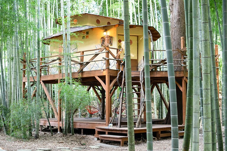 キリンをイメージしたロッジへは、はしごを登って入り口へ。