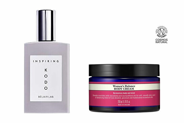 左から：インスパイアリング コードー ルームフレグランススプレー 100mL 9,900円／べレアラボ、ウーマンズバランス ボディクリーム 200mL 7,480円／ニールズヤード レメディーズ