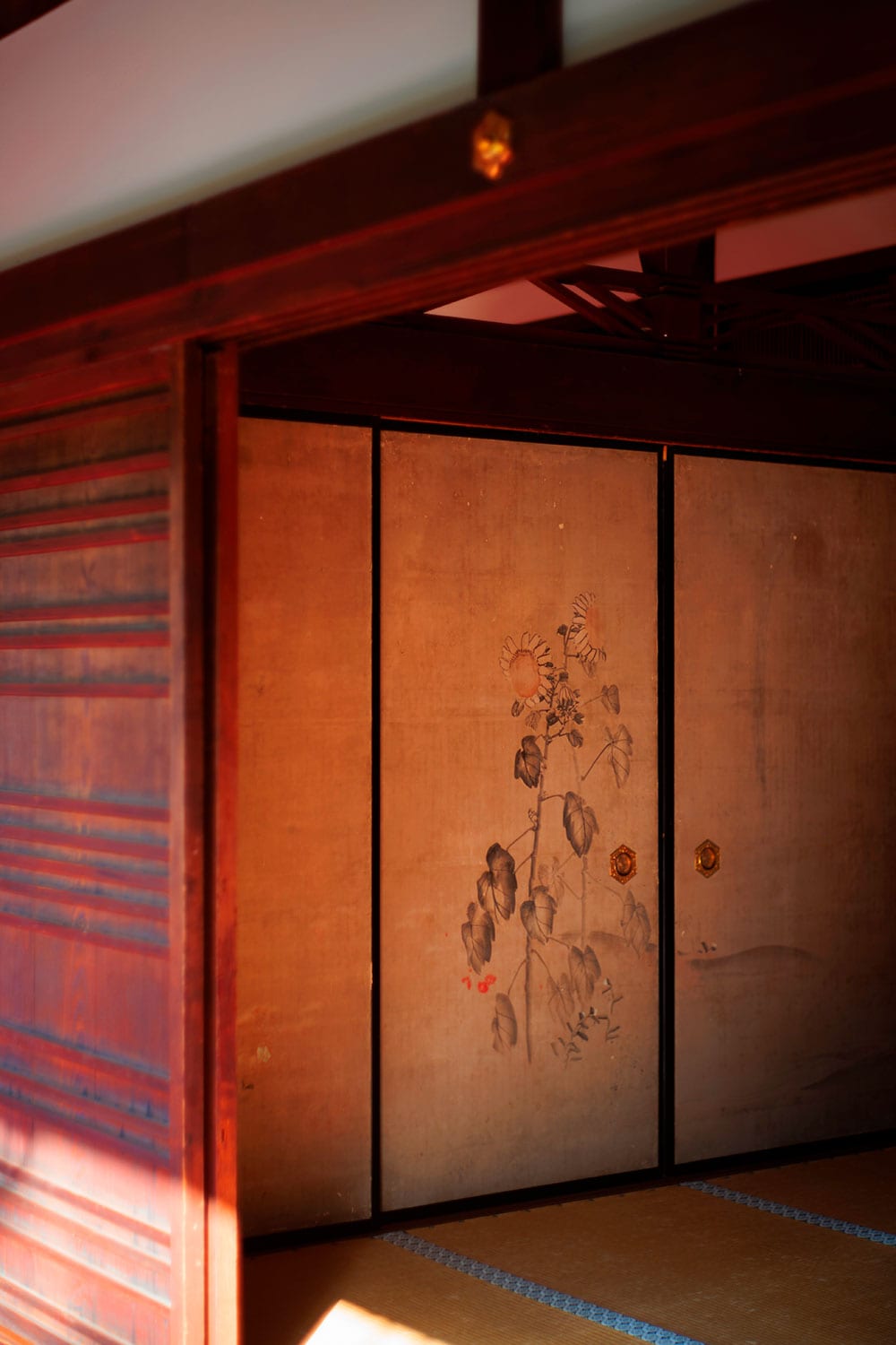 柴田是真によるひまわりの襖絵も間近で鑑賞。修業を終えたばかりの弱冠24歳の若者が、江戸時代に描いたとは思えない大胆な図柄だ。