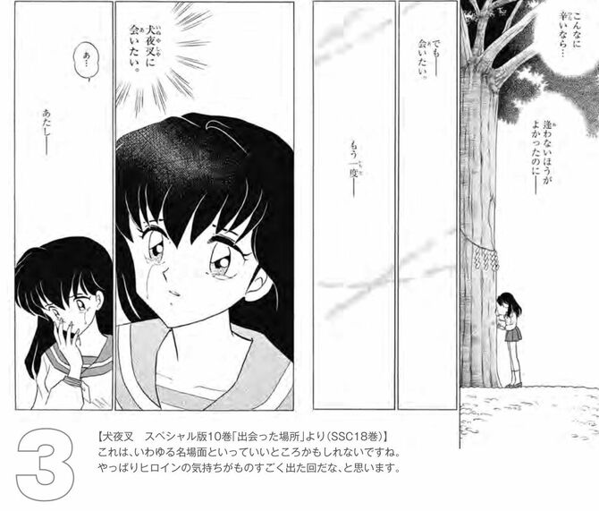 『犬夜叉』からは日暮かごめの想いがあふれた重要なシーンも選ばれた／『高橋留美子原画集』より