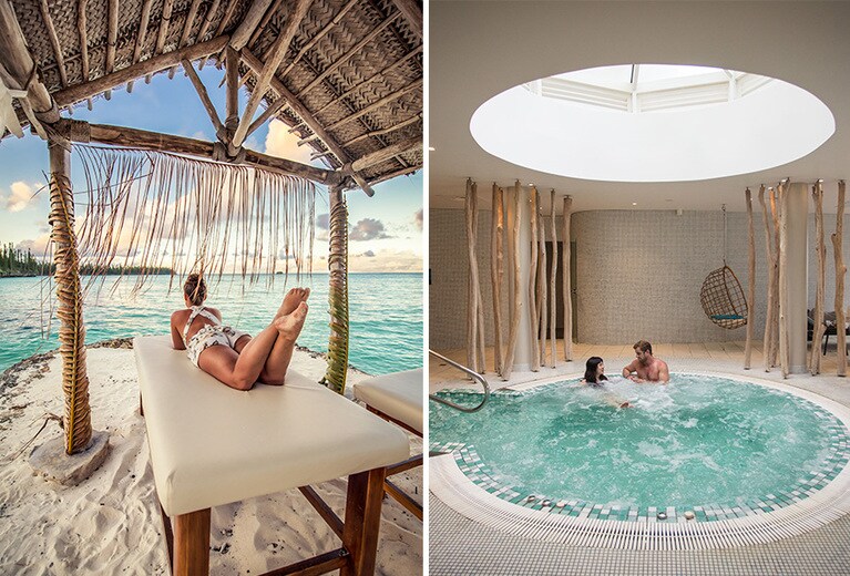 〈写真左〉ニューカレドニアで必体験といえば、優雅なビーチリゾートでのスパトリートメント。Photo：Monique CECCATO／NCT  〈写真右〉首都ヌメアにも素敵なスパがたくさんあります。Photo：Marine Reveilhac／NCT