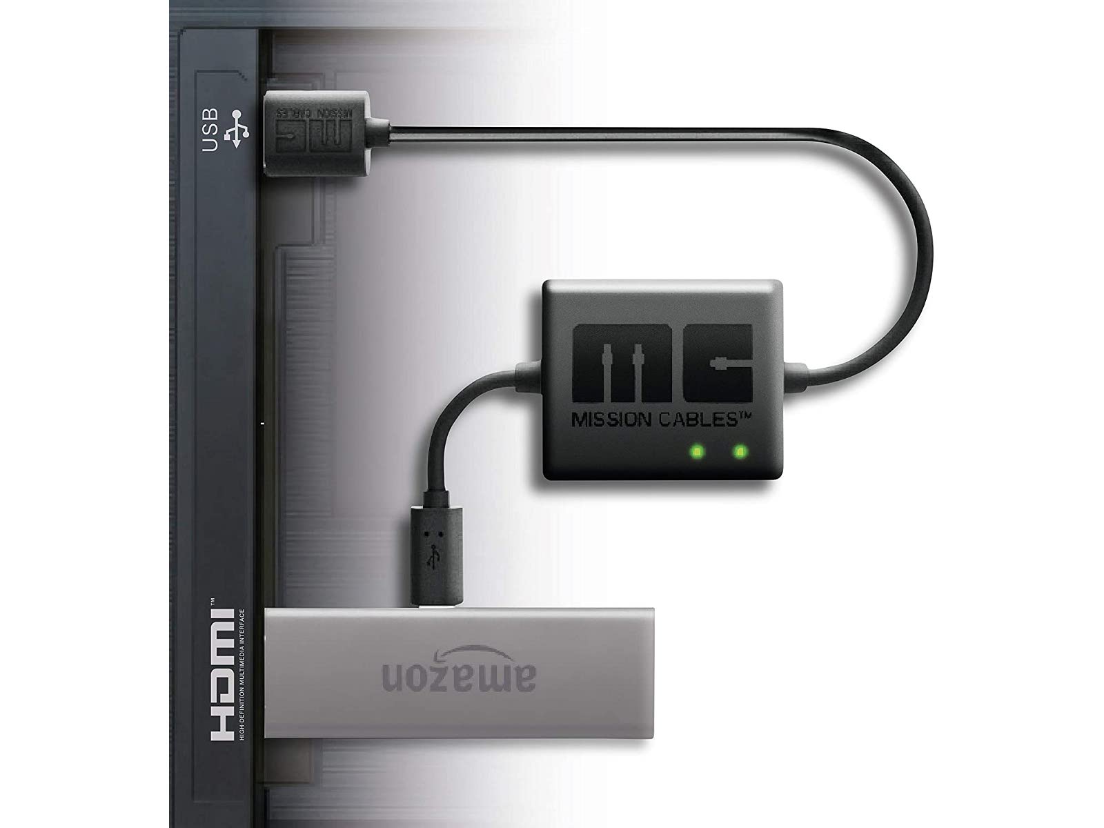 Fire TV StickのUSBポートとテレビのUSBポートを接続する「Mission cables」を使えば配線もスッキリ。ただしテレビとの相性は若干ありますので要注意（写真はAmazonのサイトより）